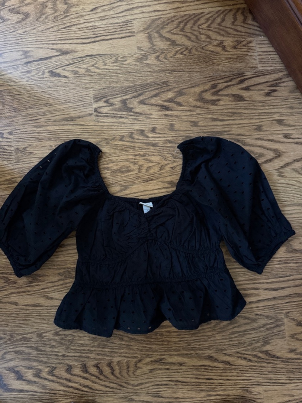NWT A New Day Black Eyelet Puff Sleeve Peplum Top